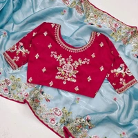 Saree For Women Heavy Jimmy Choo fabric multi embroidery threads,coding and sequence $ fancy cutwork in work with piping border (Beige) - Sky Blue, Free Size