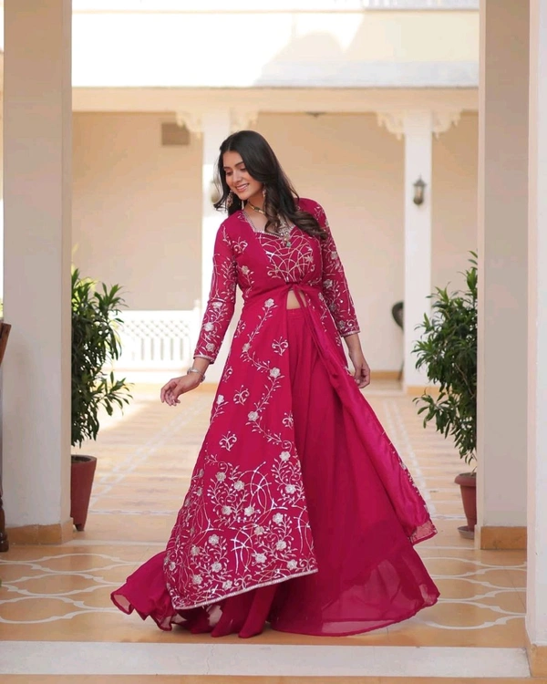 Fox Georgette Heavy 3mm Embroidery Work Shrug Palazzo Set* - Claret, L