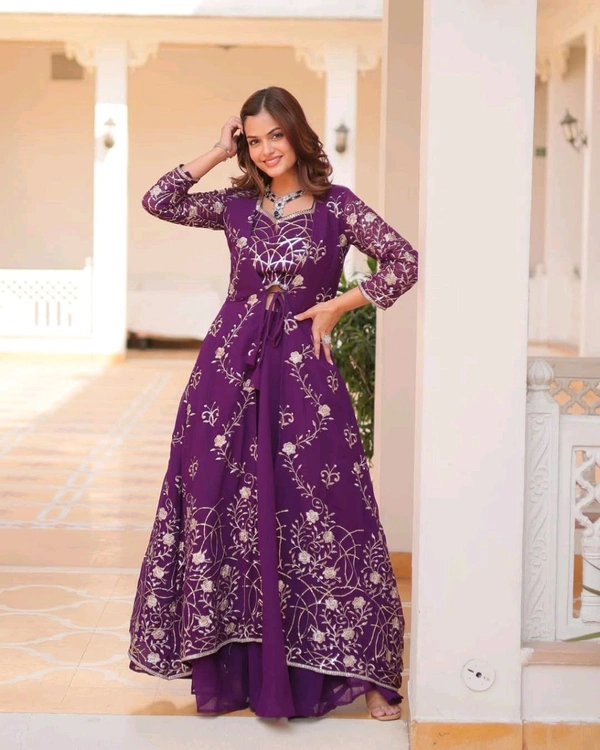 Fox Georgette Heavy 3mm Embroidery Work Shrug Palazzo Set* - Valentino, M