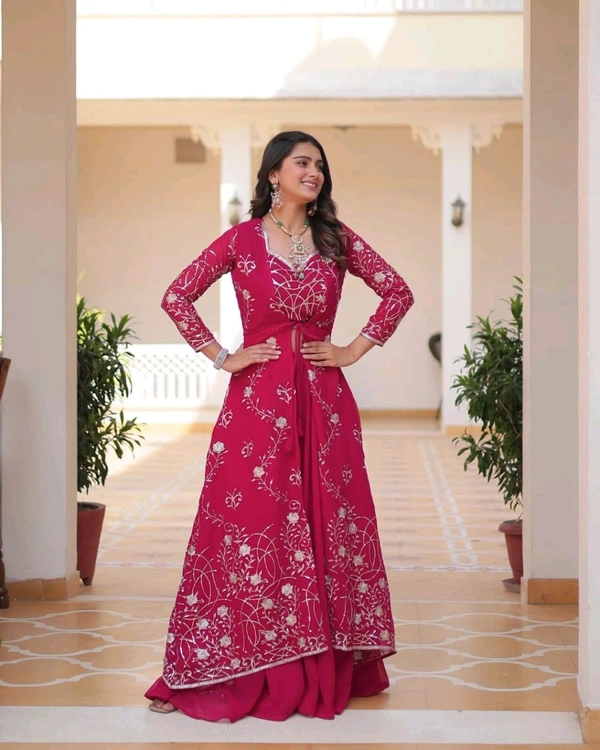 Fox Georgette Heavy 3mm Embroidery Work Shrug Palazzo Set* - Claret, M