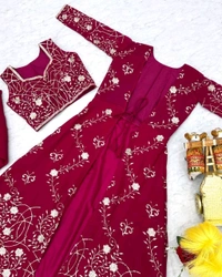 Fox Georgette Heavy 3mm Embroidery Work Shrug Palazzo Set* - Claret, M