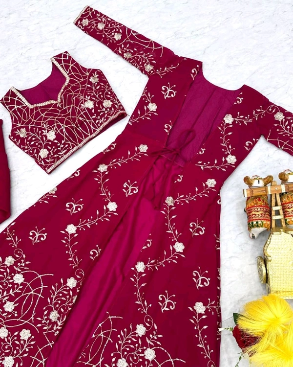Fox Georgette Heavy 3mm Embroidery Work Shrug Palazzo Set* - Claret, M