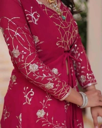 Fox Georgette Heavy 3mm Embroidery Work Shrug Palazzo Set* - Claret, 2XL