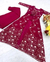Fox Georgette Heavy 3mm Embroidery Work Shrug Palazzo Set* - Claret, 2XL