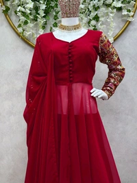 Thread Work Palazzo Set with Dupatta - Venetian Red, L
