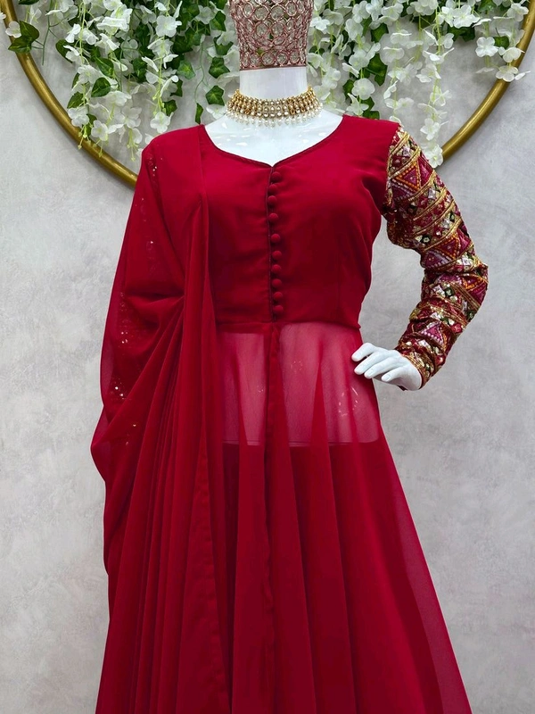 Thread Work Palazzo Set with Dupatta - Venetian Red, L