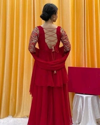 Thread Work Palazzo Set with Dupatta - Venetian Red, L