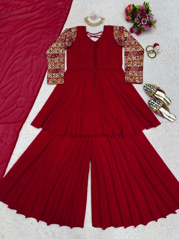 Thread Work Palazzo Set with Dupatta - Venetian Red, L