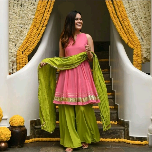Pink Gotapatti Sharara Set - Set of 3 - Pink Lace, XS