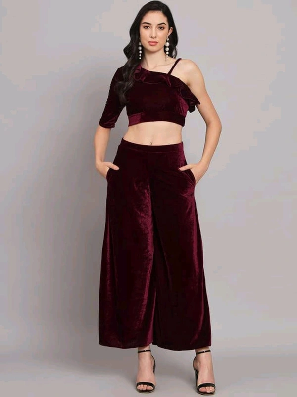 Velvet Co-Ords for Women | One Sleeve Crop Top with Palazzo Set Casual Party Dress ([Pack of 1) 01 - Livid Brown, S