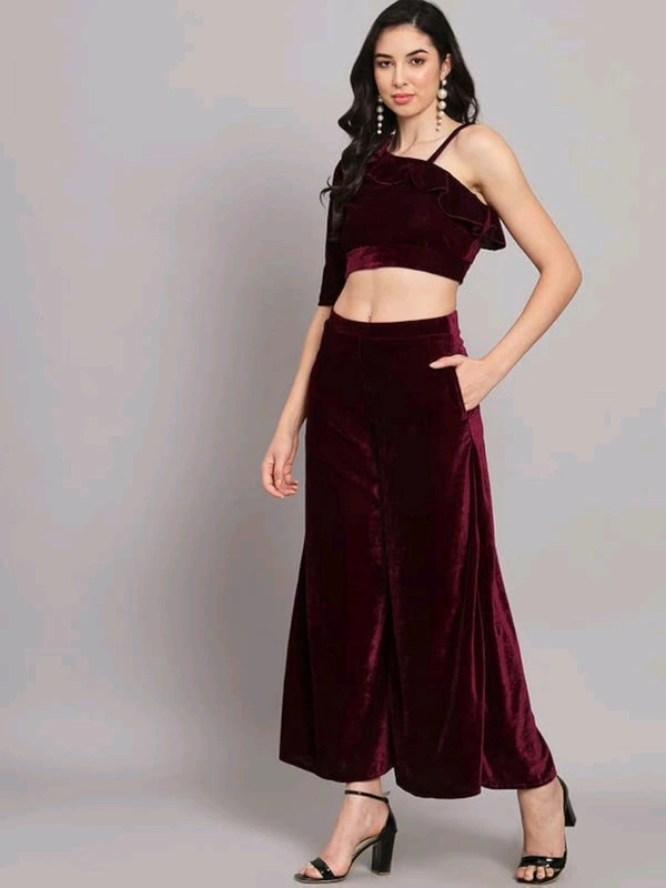 Velvet Co-Ords for Women | One Sleeve Crop Top with Palazzo Set Casual Party Dress ([Pack of 1) 01 - Livid Brown, S