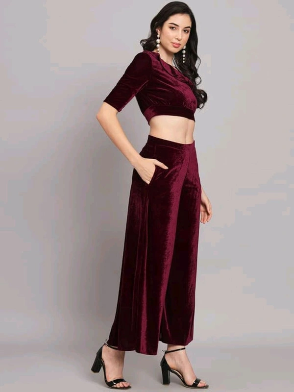 Velvet Co-Ords for Women | One Sleeve Crop Top with Palazzo Set Casual Party Dress ([Pack of 1) 01 - Livid Brown, S