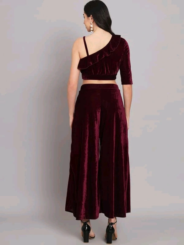 Velvet Co-Ords for Women | One Sleeve Crop Top with Palazzo Set Casual Party Dress ([Pack of 1) 01 - Livid Brown, S