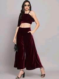 Velvet Co-Ords for Women | One Sleeve Crop Top with Palazzo Set Casual Party Dress ([Pack of 1) 01 - Livid Brown, XL