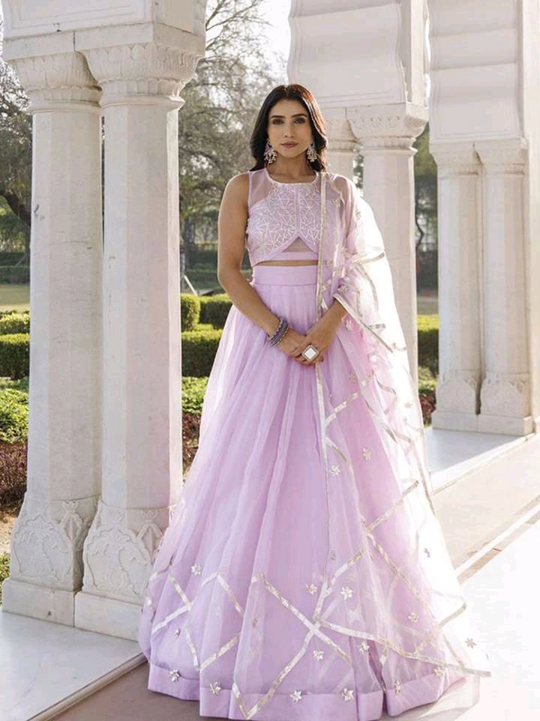 Embroidered Organza Ready to Wear Lehenga & Blouse With Dupatta - Pink Lace, XL