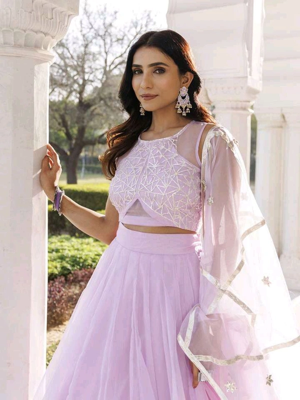 Embroidered Organza Ready to Wear Lehenga & Blouse With Dupatta - Pink Lace, XL