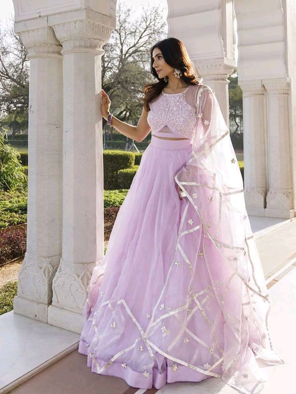 Embroidered Organza Ready to Wear Lehenga & Blouse With Dupatta - Pink Lace, XL