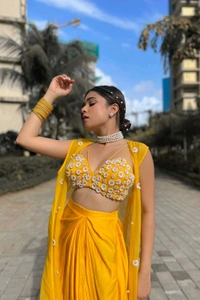 Yellow Dupion Silk Embroidered Pearl Plunged Sunshine Cape With Drape Skirt Set - Yellow Sea, L