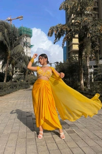 Yellow Dupion Silk Embroidered Pearl Plunged Sunshine Cape With Drape Skirt Set - Yellow Sea, L
