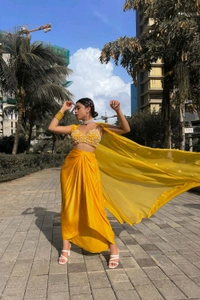 Yellow Dupion Silk Embroidered Pearl Plunged Sunshine Cape With Drape Skirt Set - Yellow Sea, L