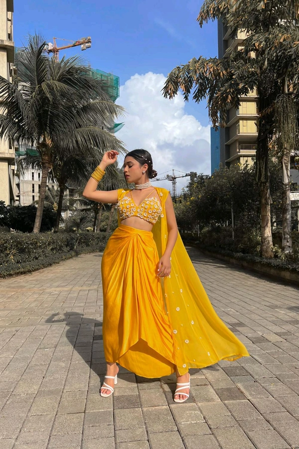 Yellow Dupion Silk Embroidered Pearl Plunged Sunshine Cape With Drape Skirt Set - Yellow Sea, M