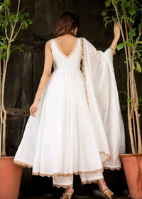 Lace Border Pure Chanderi Silk Anarkali Suit in White - White, S