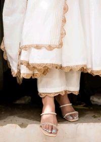 Lace Border Pure Chanderi Silk Anarkali Suit in White - White, S