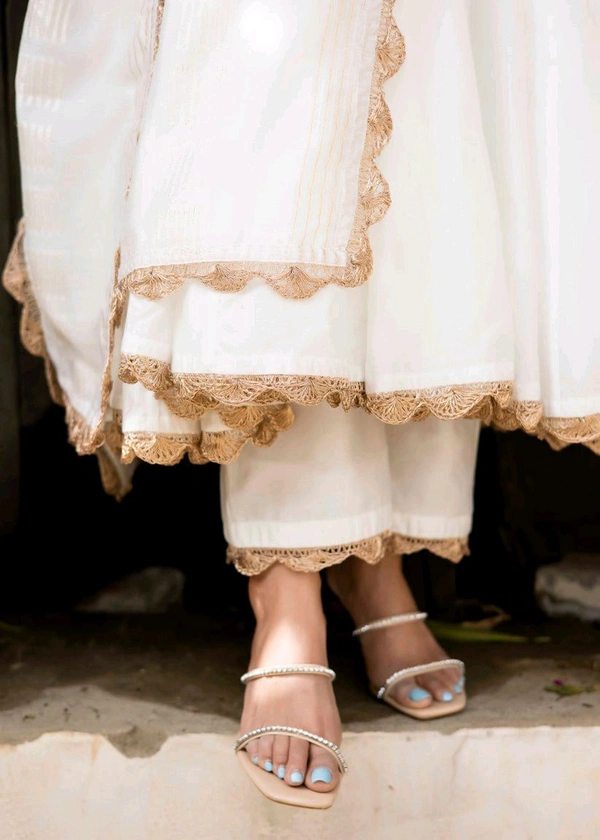 Lace Border Pure Chanderi Silk Anarkali Suit in White - White, XL