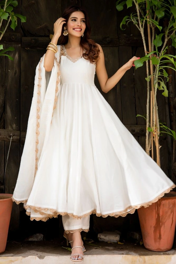 Lace Border Pure Chanderi Silk Anarkali Suit in White - White, XS