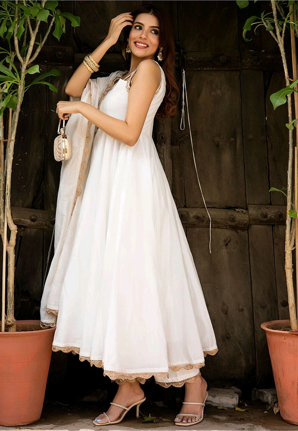 Lace Border Pure Chanderi Silk Anarkali Suit in White - White, XS