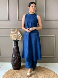 Mehendi Halter Neck Kurta & Cotton Culottes - Chambray, L