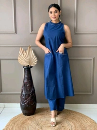 Mehendi Halter Neck Kurta & Cotton Culottes - Chambray, L