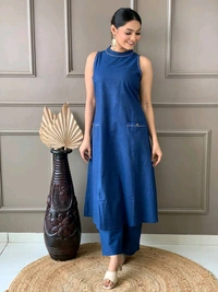 Mehendi Halter Neck Kurta & Cotton Culottes - Chambray, L