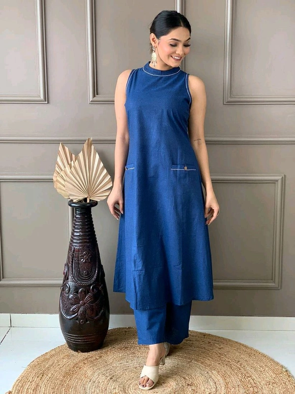 Mehendi Halter Neck Kurta & Cotton Culottes - Chambray, L