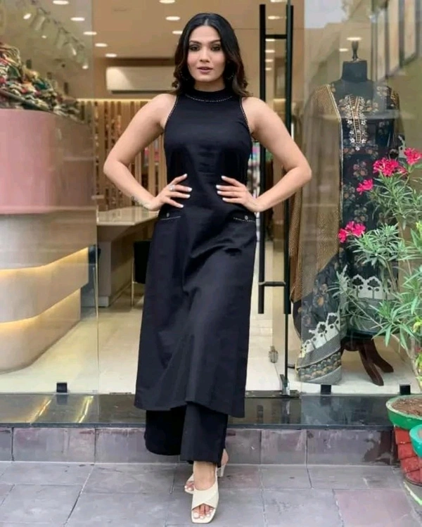 Mehendi Halter Neck Kurta & Cotton Culottes - Black, L