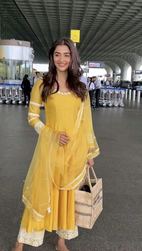 Pooja Hegde in Yellow Chanderi Anarkali Set - Rob Roy, M