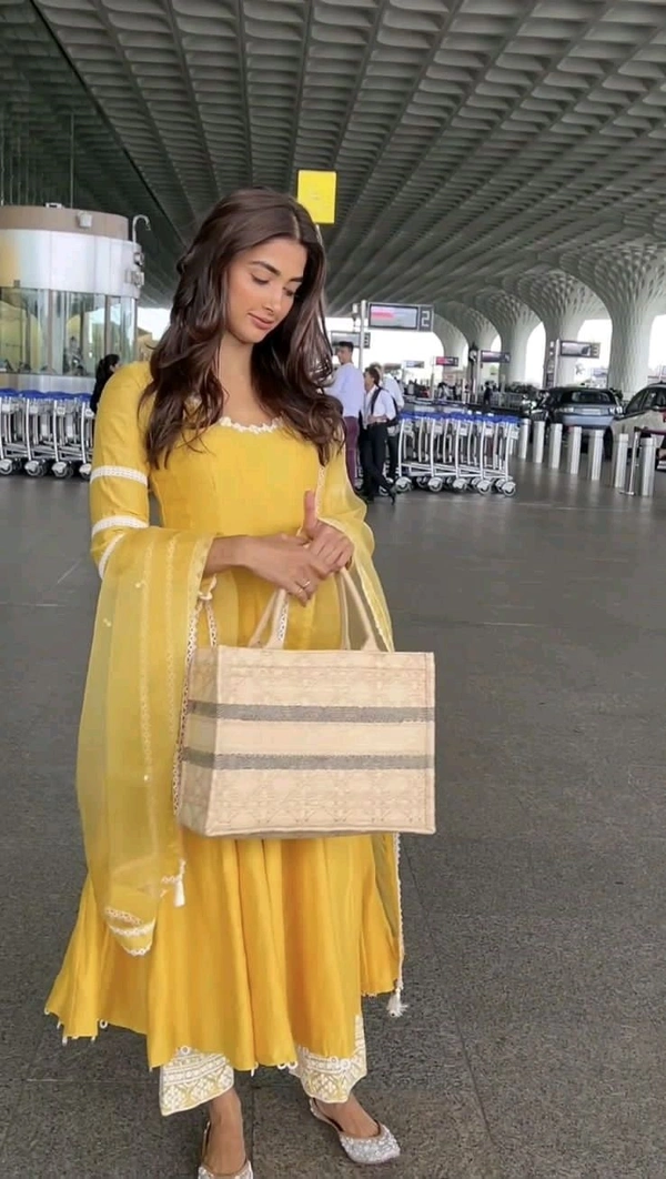 Pooja Hegde in Yellow Chanderi Anarkali Set - Rob Roy, M