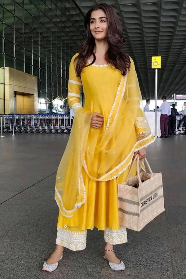 Pooja Hegde in Yellow Chanderi Anarkali Set - Rob Roy, M