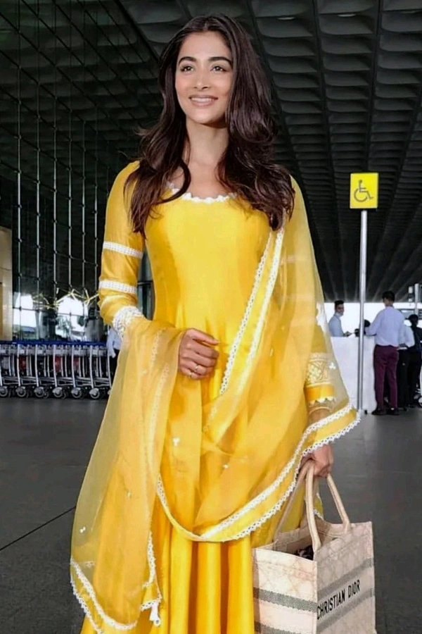 Pooja Hegde in Yellow Chanderi Anarkali Set - Rob Roy, M