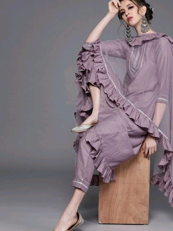 Women Beige Gotta Patti Kurta with Trousers & With Dupatta - Bouquet, 2XL