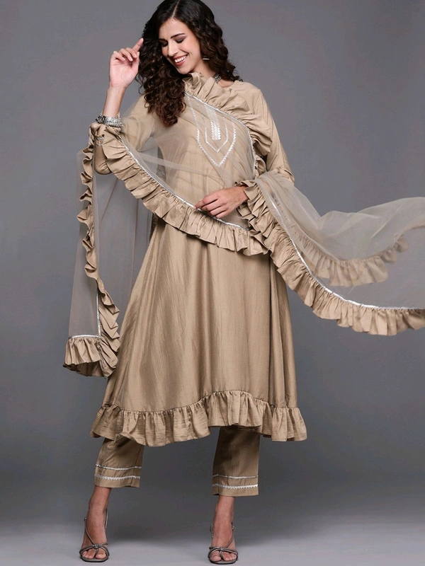 Women Beige Gotta Patti Kurta with Trousers & With Dupatta - Quicksand, 7XL