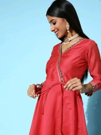 Women Attractive Peach Chanderi Cotton Swirling Volume Kurta - Cardinal, L