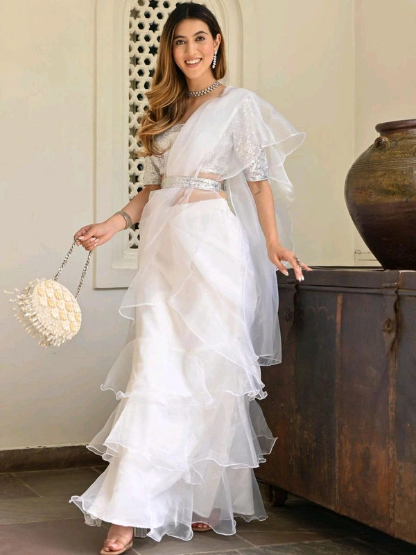 white ivory blue ruffle saree, pre stitched saree,pre pleated saree,ready to wear mehendi outfit,indo western woman outfit,bridesmaid dress - White, M