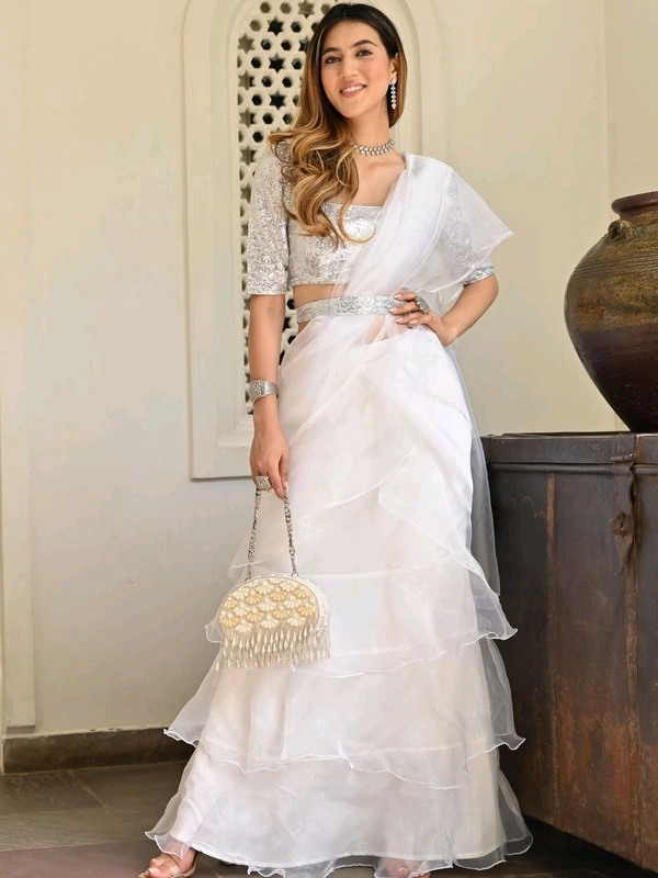 white ivory blue ruffle saree, pre stitched saree,pre pleated saree,ready to wear mehendi outfit,indo western woman outfit,bridesmaid dress - White, M