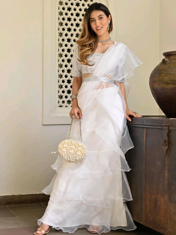 white ivory blue ruffle saree, pre stitched saree,pre pleated saree,ready to wear mehendi outfit,indo western woman outfit,bridesmaid dress - White, M