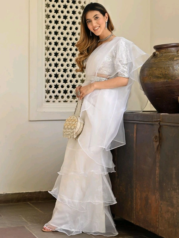 white ivory blue ruffle saree, pre stitched saree,pre pleated saree,ready to wear mehendi outfit,indo western woman outfit,bridesmaid dress - White, M