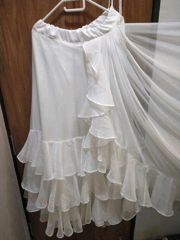 white ivory blue ruffle saree, pre stitched saree,pre pleated saree,ready to wear mehendi outfit,indo western woman outfit,bridesmaid dress - White, M
