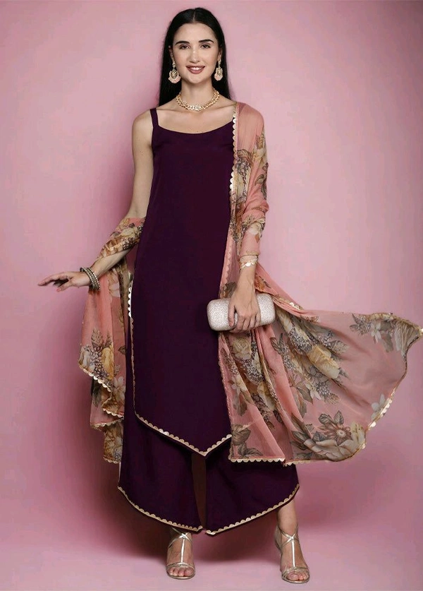 3 Pc Burgundy Readymade Silk Dupatta Suit Set - Finn, M