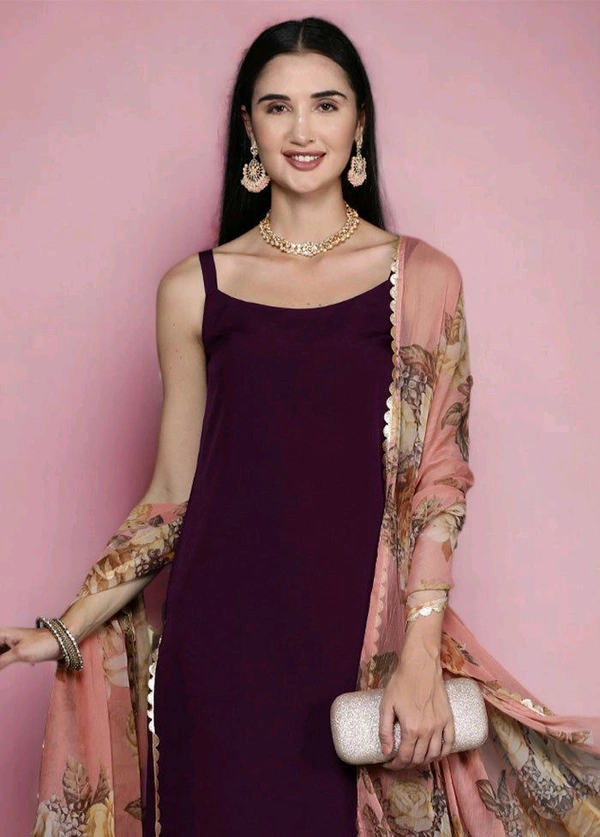 3 Pc Burgundy Readymade Silk Dupatta Suit Set - Finn, M