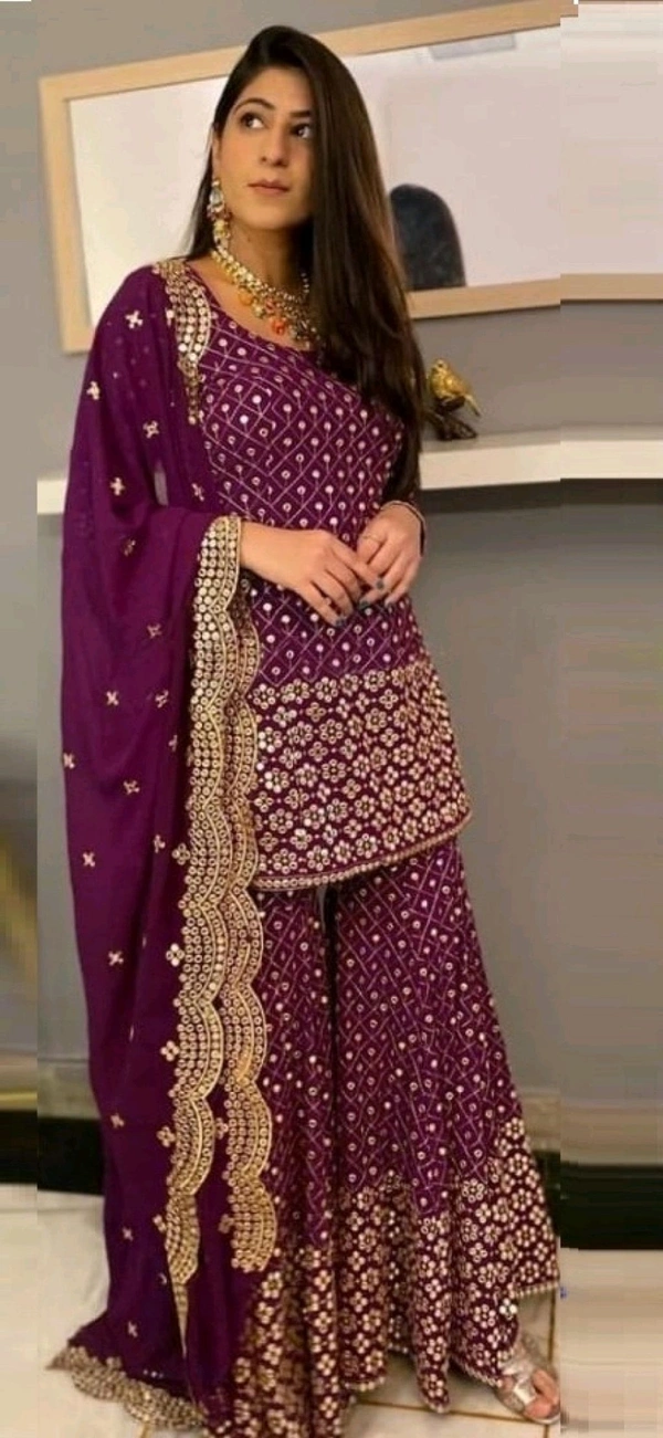 Georgette Embroidered Sharara Dress - Wine Berry, Free Size